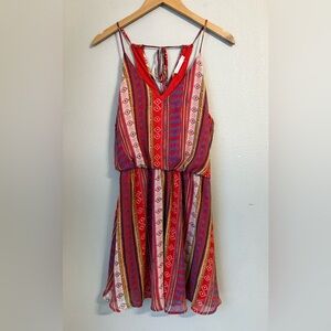 Lush Red Halter Dress Geometric Stripes Women’s Size Large V Neck